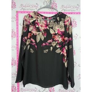 Alice hope shirt Black Floral Long-Sleeve Blouse with Pink & Beige Accents